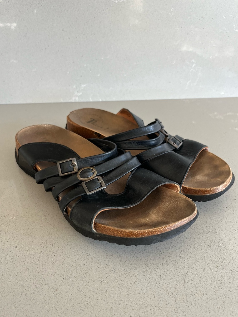 Think! Mizzi Women's Black Leather Multi Strap Slide Sandals Size EU 41 US 10